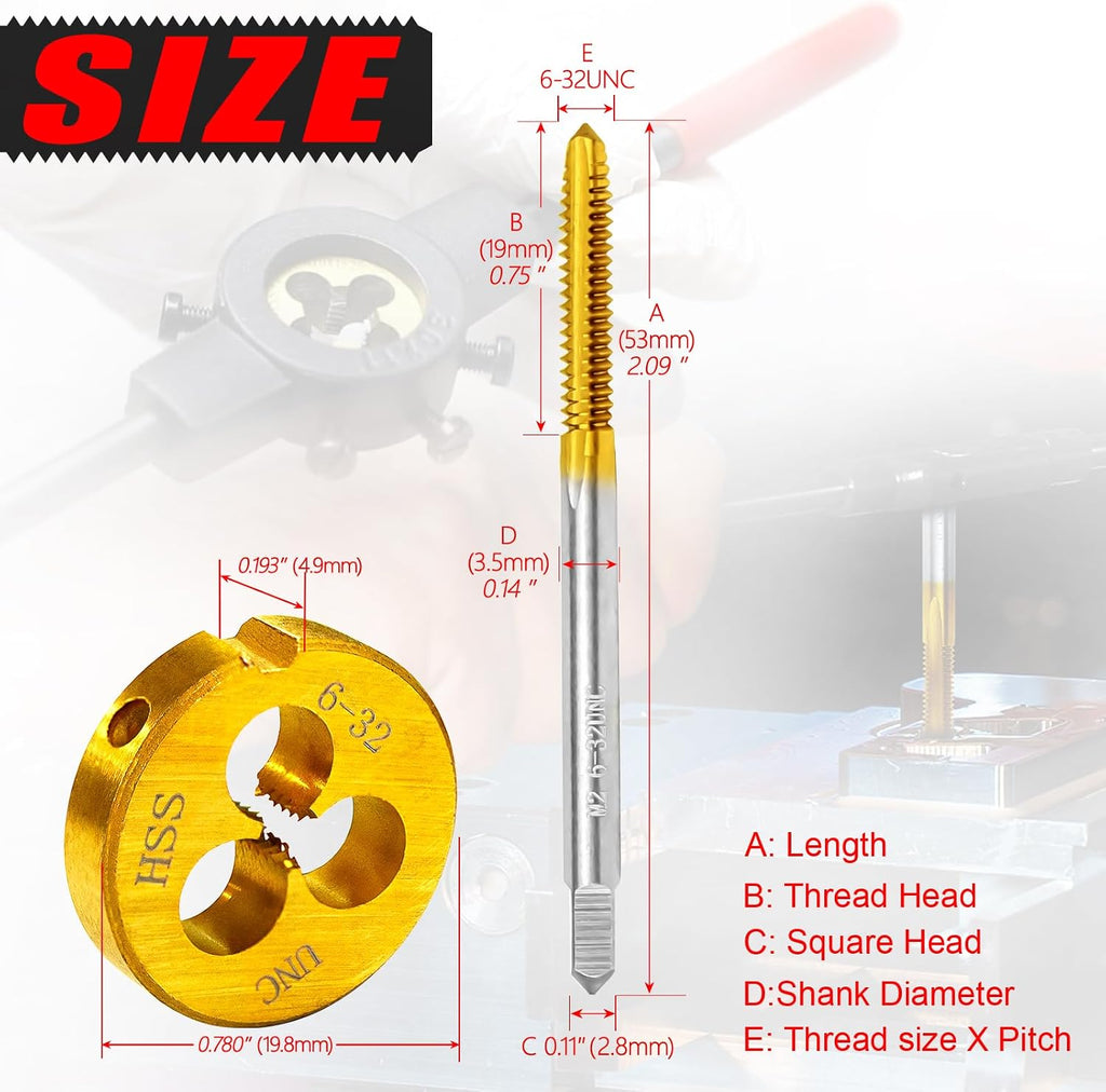 6-32 UNC Tap and Die Set for Metal,M2 HSS Thread Tap and Round Die