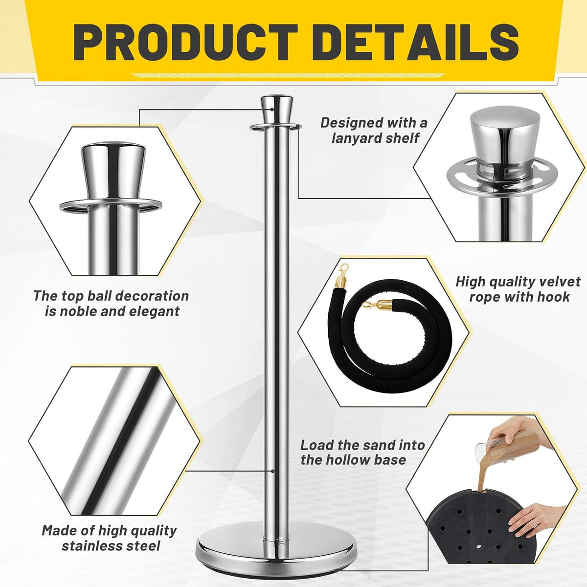 6 Pcs Stainless Steel Stanchion Post Queue with Crown Top 5 ft and 3 Pcs Velvet Rope and Poles Crowd Control Barriers