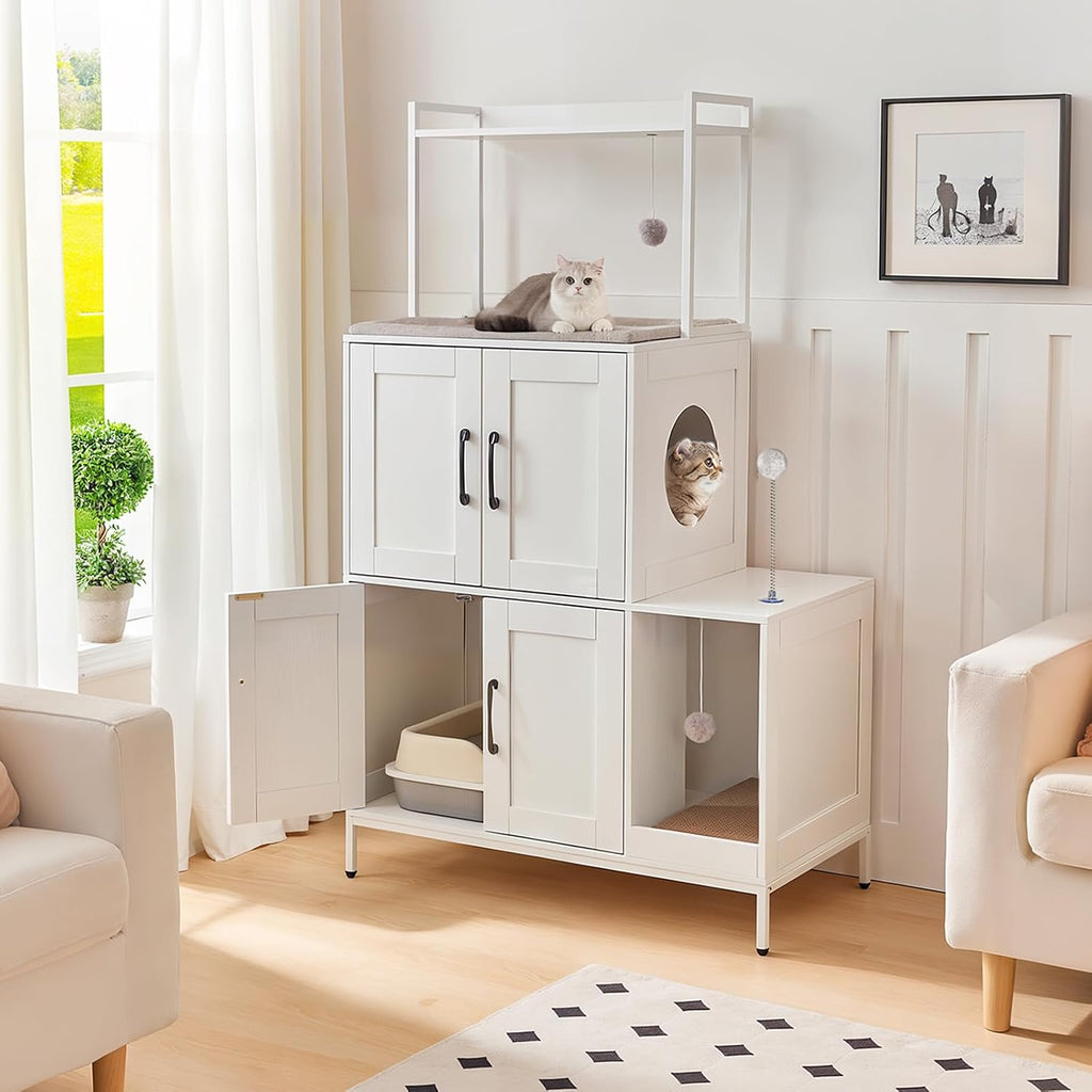 Litter Box Enclosure, Litter Box Furniture with Storage, 2-in-1 Hidden Cat Furniture with Shelf, 2 Dangling Plush