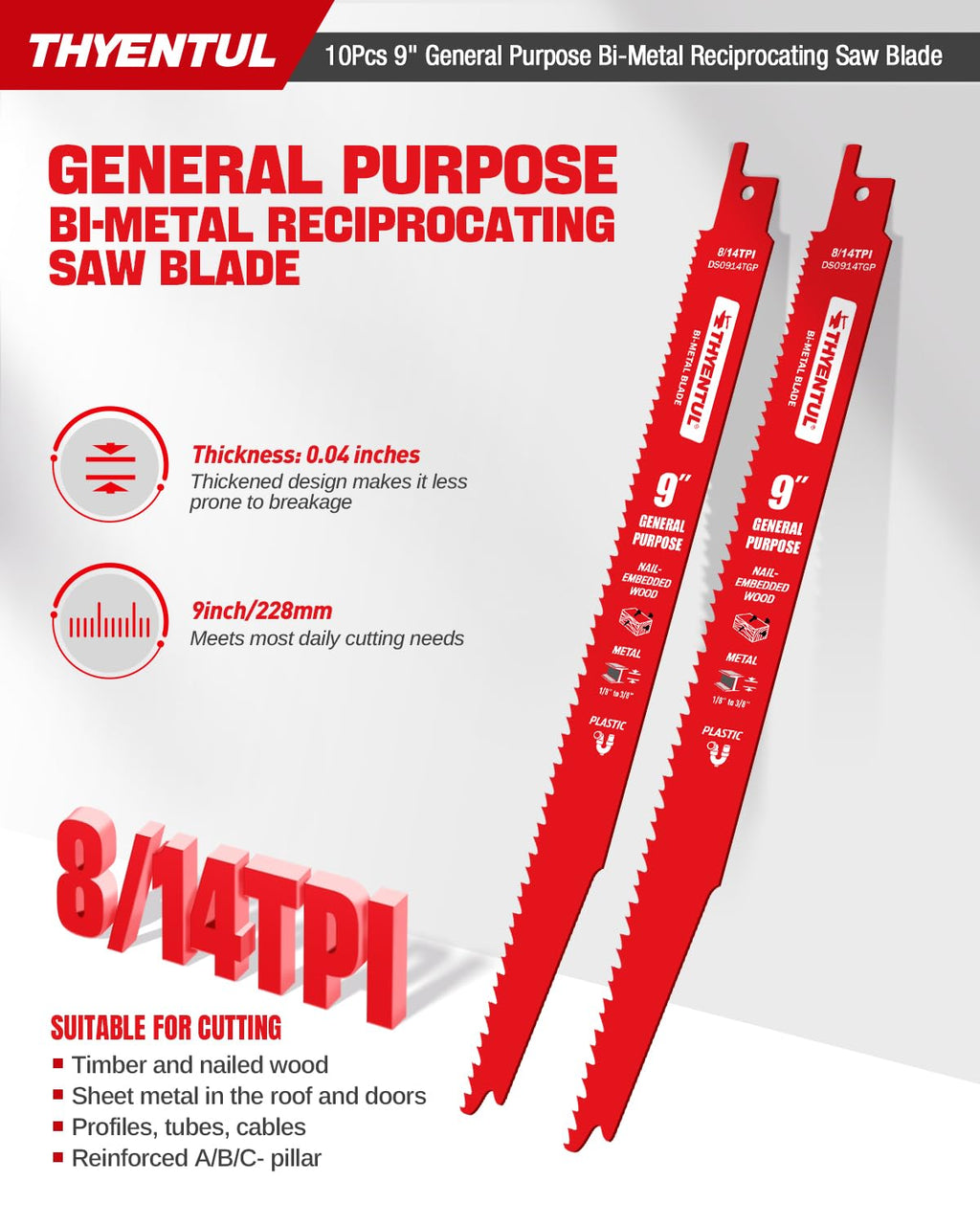 10 Pack 9 Inch 8/14 TPI Reciprocating Saw Blades, Multi-Purpose Bi-Metal Sawzall Blades for Wood & Nail-Embedded Wood,Metal Cutting for 1/8"-3/8" Medium Metals,Compatible with Diablo Sawzall Blade