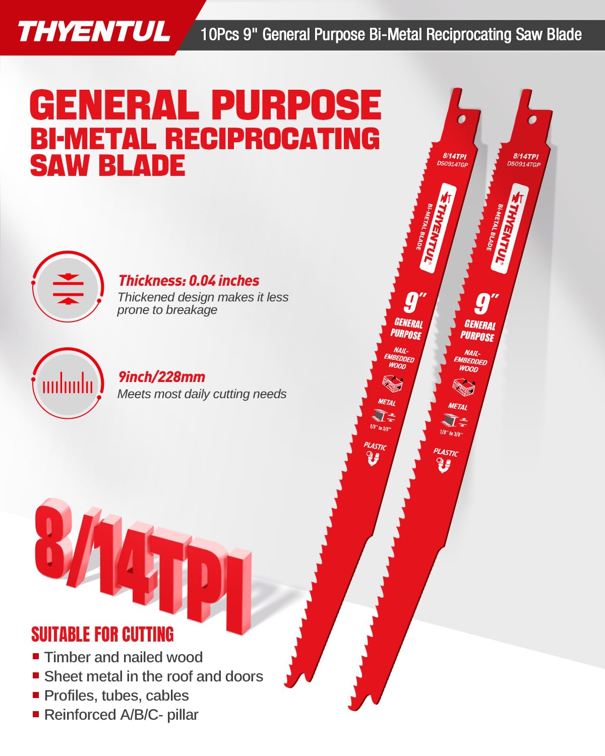 10 Pack 9 Inch 8/14 TPI Reciprocating Saw Blades, Multi-Purpose Bi-Metal Sawzall Blades for Wood & Nail-Embedded Wood,Metal Cutting for 1/8"-3/8" Medium Metals,Compatible with Diablo Sawzall Blade