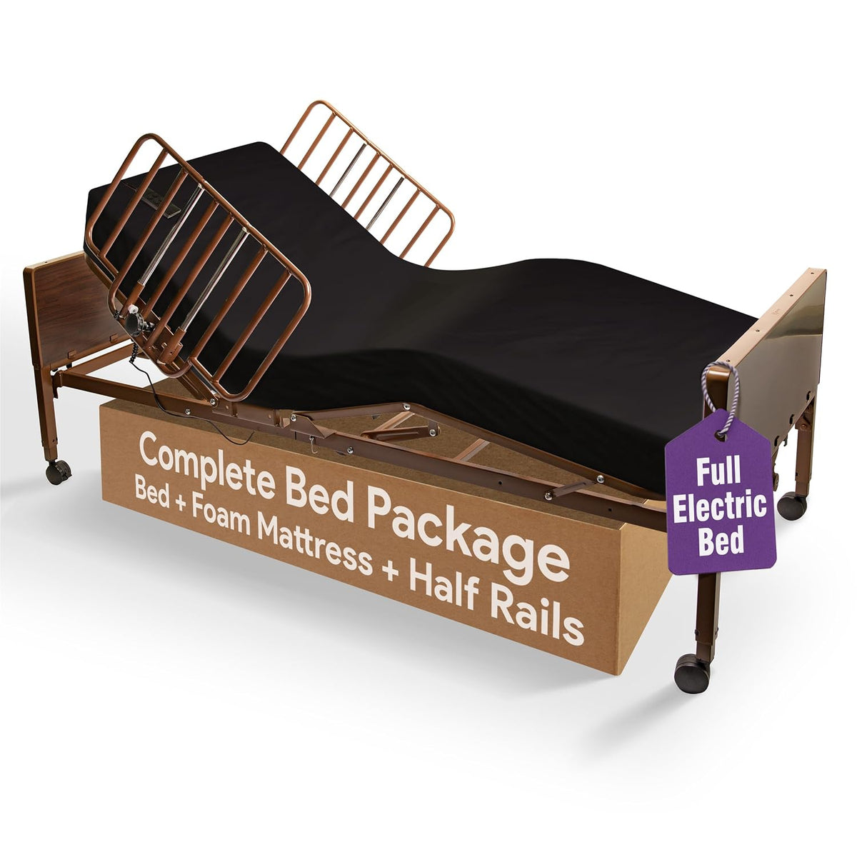 Electric Hospital Bed for Home Use - Includes Foam Mattress, Half Rails - Adjustabe Medical Bed Set
