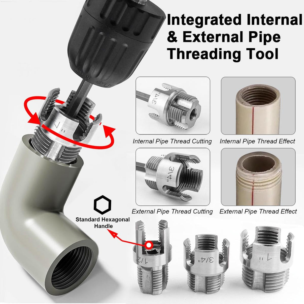 Eyech 3PCS PVC Pipe Threader Kit 1/2" 3/4" 1" NPT, Internal & External Pipe Thread Cutting Tool, Pipe Threader Drill Attachment, Plastic PVC PPR Pipe Threading Tool Set