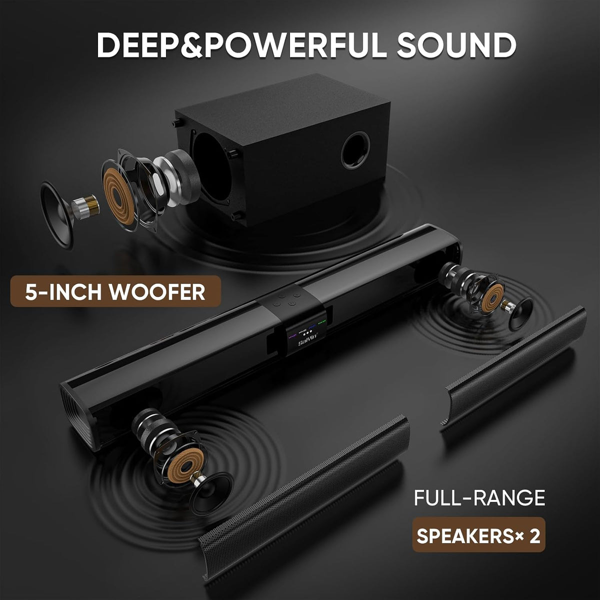 Sound Bar for Smart TV with 5.25 Inch Subwoofer, 100W 24 Inch Soundbar for TV, TV Soundbar with Optical, ARC, AUX and