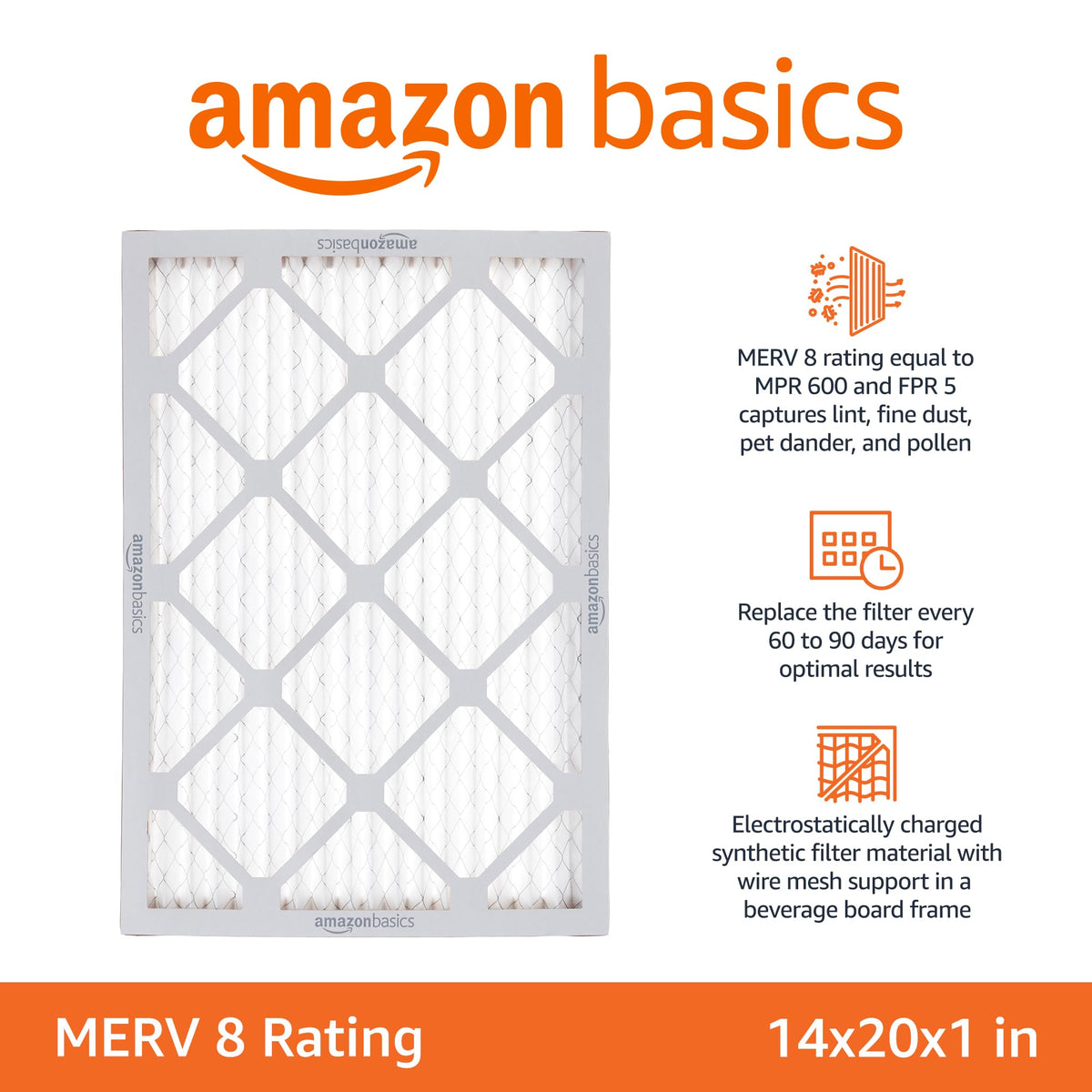 14x20x1 Air Filter, MERV 8 AC Furnace Filters, Allergen Control , Electrostatic, Removes Dust Pollen and Lint, 6-Pack