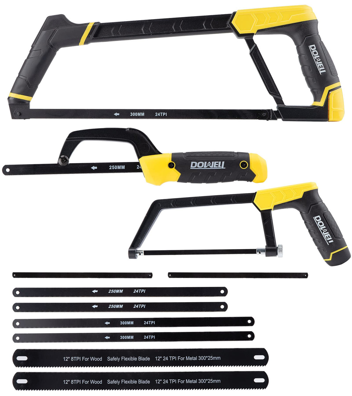 DOWELL Hacksaw Set, 3 Pcs Hack Saws for Metal, 12",10",6" & 8 Extra Blades