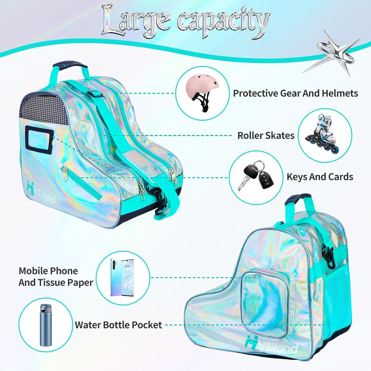 Roller Skate Bag for Inline Skates Ice Skates and Figure Skating Stylish Plain Holographic Fashion Design Spacious