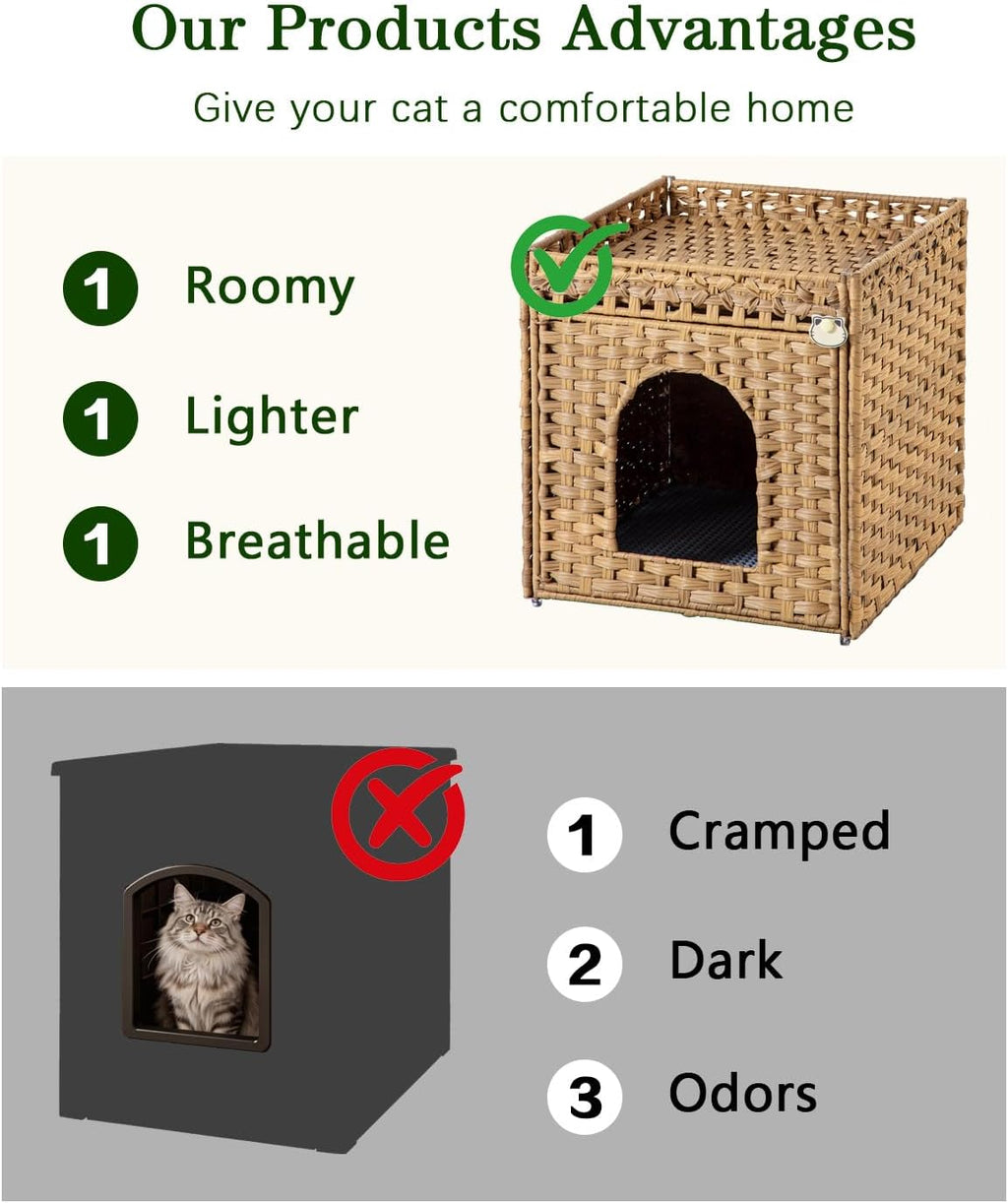 Cat Litter Box Enclosure Furniture, Hidden PE Rattan, Natural