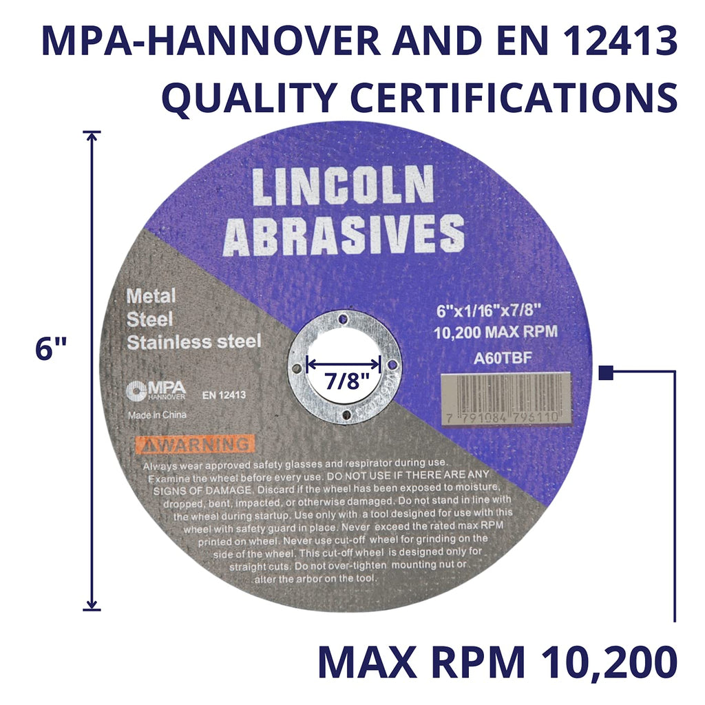 100 Pc 6" x 1/16" x 7/8" Cut-Off Wheels Lincoln Abrasives Metal & Stainless Steel