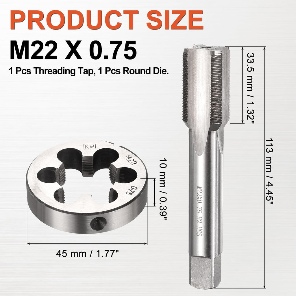Workkyma M22x0.75 Tap and Die Set Metric M2 HSS Right Hand Threading Tool