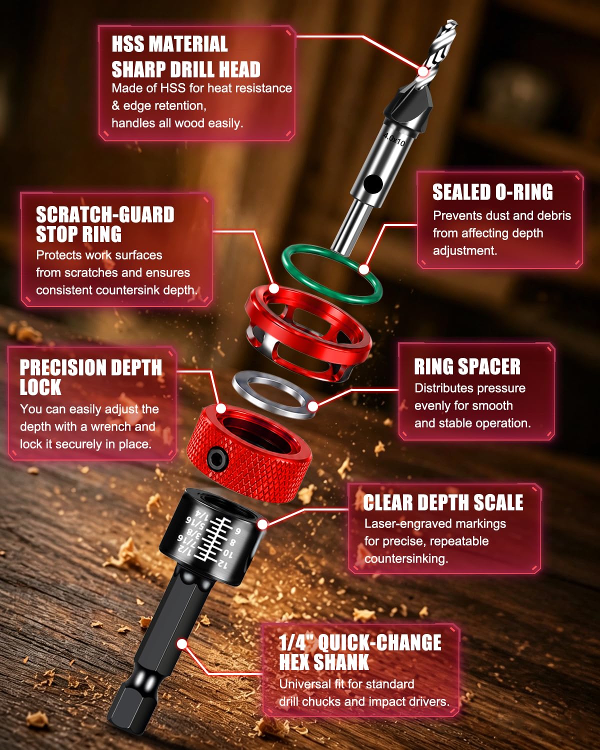 Countersink Drill Bit Set with Depth Stop Collar for Woodworking