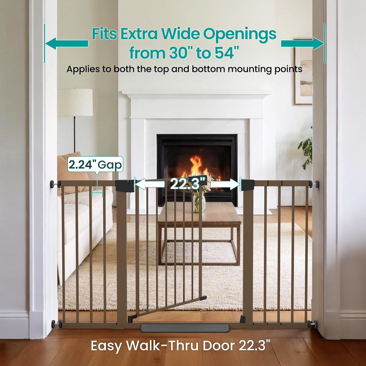 30-54" Extra-Wide Adjustable Hardware/Pressure-Mounted Pet & Child Safety Gate with Auto-Close Walk-Through Door for Stairs, Hallways & Wide Doorways — Brown