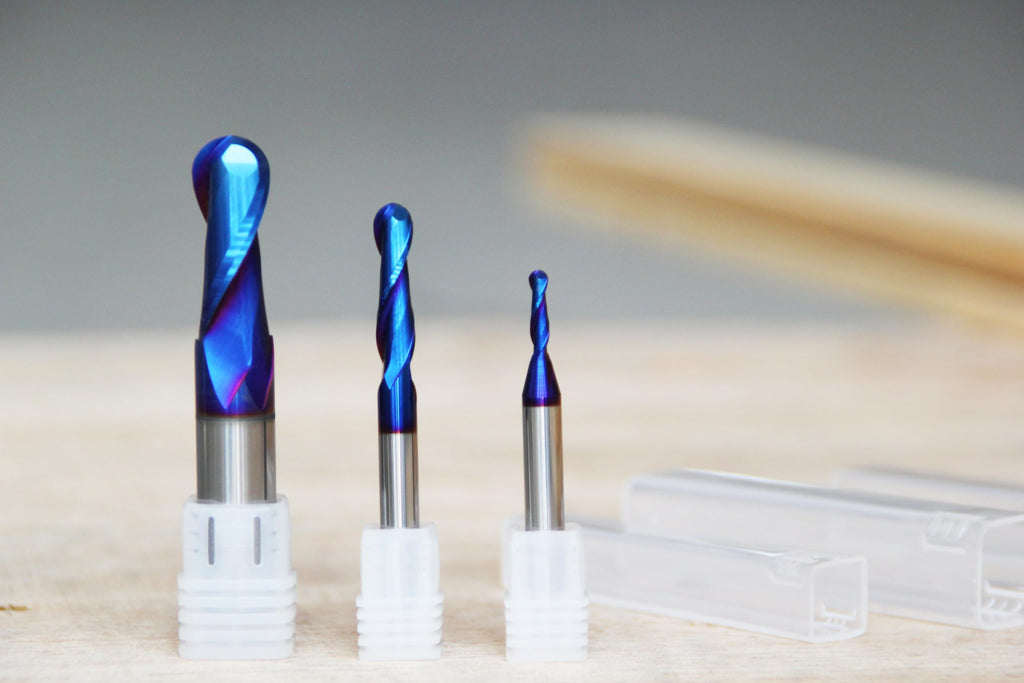 RUHIWORKER 3PCS B3460U Ball Nose End Mill CNC Router Bits 1/2 inch Shank 1/4 inch Shank 2D and 3D Carving Nano Blue Coated Up Cut Lettering Sign Making