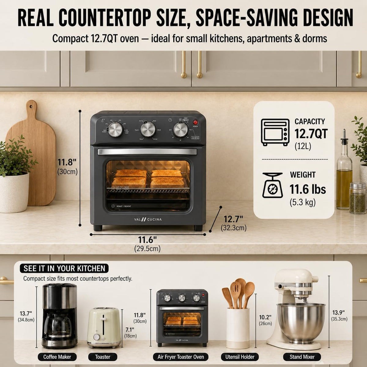 6-in-1 Retro Air Fryer Toaster Oven Combo, Compact 12.7 QT Small Countertop Convection Oven, Fits 9" Pizza & 4 Toast