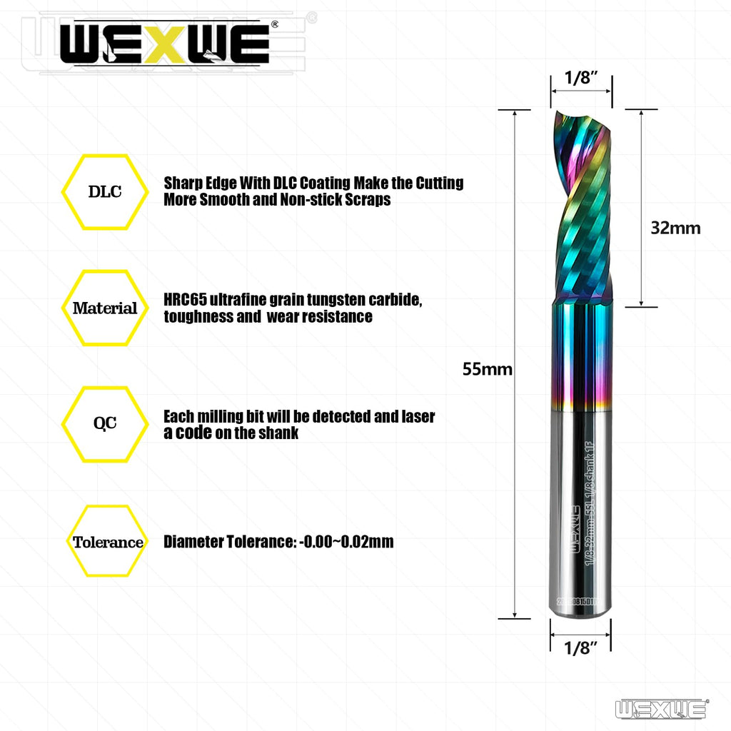 WEXWE Tools Solid Carbide CNC Spiral Single Flute End Mill- for Acrylic Plate Aluminum,Wood, Plastic,Brass,Copper Cutting - 1/8 Diameter 32mm Flute Length,55mm Overall Length,1 Flute (1/8-55mm 2PCS)