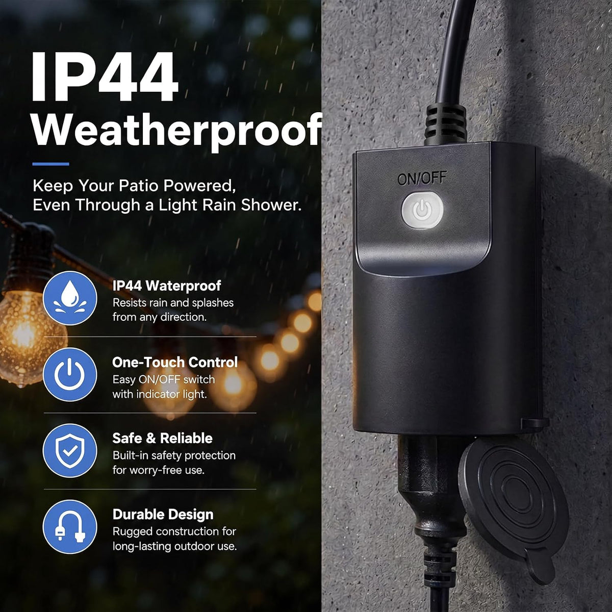Outdoor Smart Plug, WiFi & Bluetooth Smart Outlet, Single Port, IP44 Weatherproof, Compatible with Alexa & Google