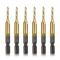 6-pc 6-32NC Combination Drill Tap Bit Set SAE, 6-32NC Thread Size, Titanium Coated High-Speed Steel, Ideal for Drilling Threading and Countersinking in Soft Metal Wood and Plastic, 1/4” Hex Shank
