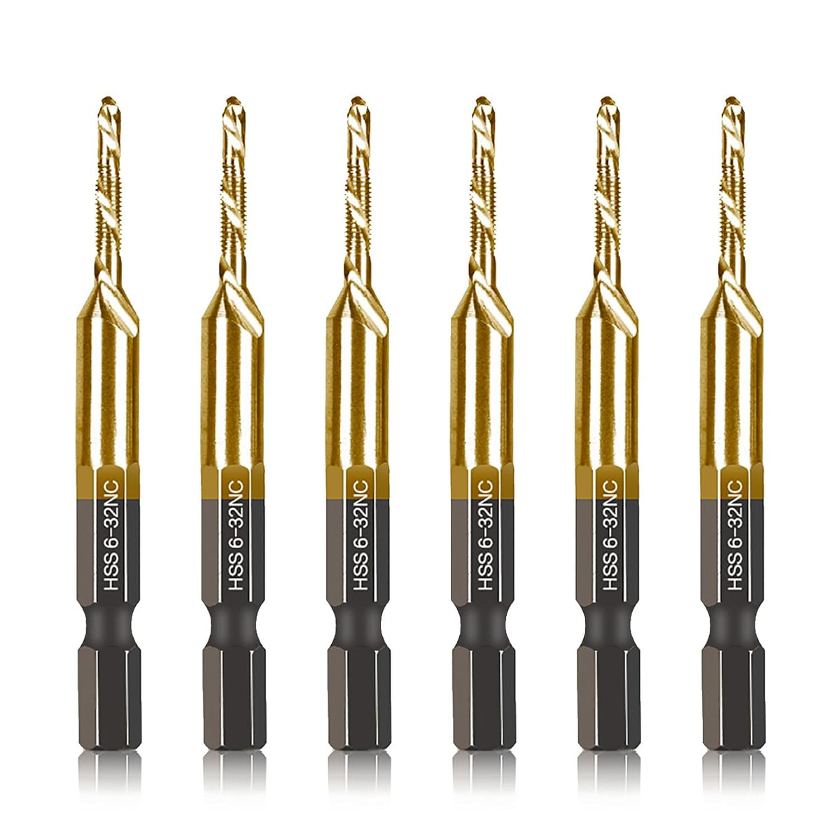 6-pc 6-32NC Combination Drill Tap Bit Set SAE, 6-32NC Thread Size, Titanium Coated High-Speed Steel, Ideal for Drilling Threading and Countersinking in Soft Metal Wood and Plastic, 1/4” Hex Shank