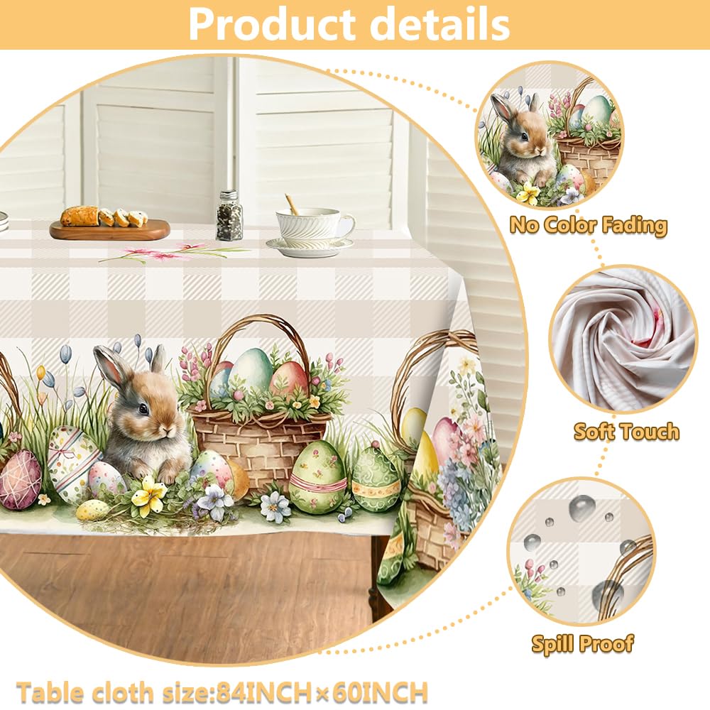 Easter Tablecloth 60x84 Inch Rectangular, Cute Bunny Eggs Flower Butterfly Watercolor Rabbits Table Cloth, Easter