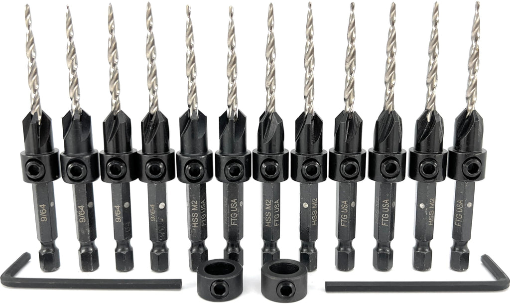 FTG USA 12 Pc #6 (9/64") Tapered Countersink Drill Bit Set with 2 Stops