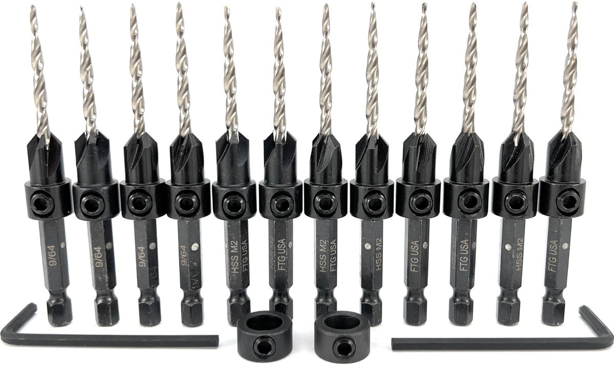 FTG USA 12 Pc #6 (9/64") Tapered Countersink Drill Bit Set with 2 Stops