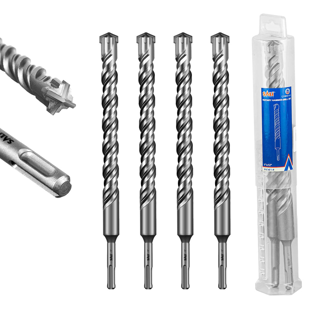 SALI SDS Plus Rotary Hammer Drill Bit 4Pcs 1"*12" Concrete Drill Bit Kit Cross-Type Double Thread Carbide Material Suitable for Concrete, Brick, Cement Walls, Stone, Hammer Drill Bits for Concrete