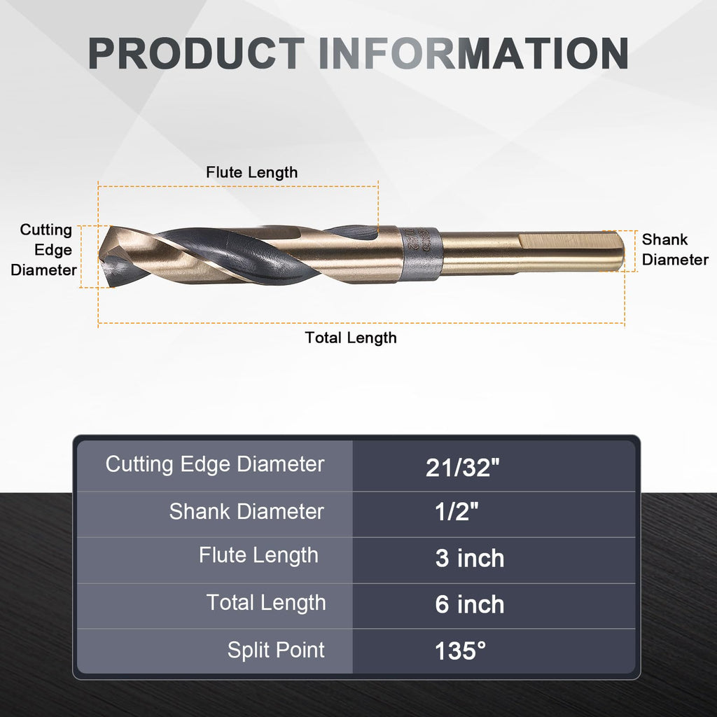 uxcell 21/32" Drill Bit 1/2" Reduced Shank 3-Flat M35 5% Cobalt HSS