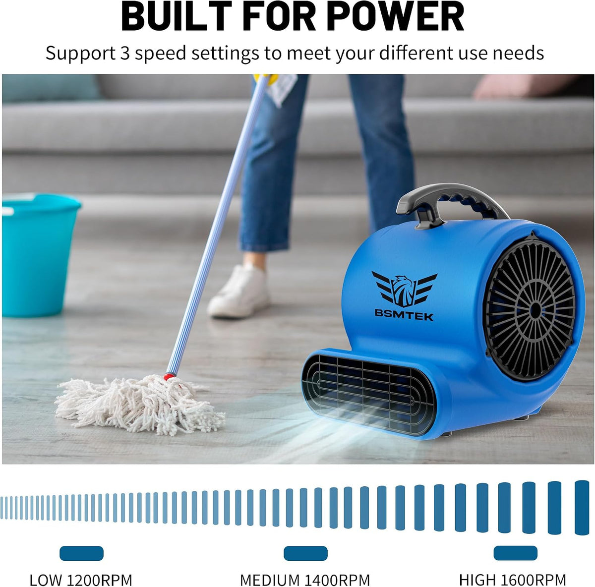 Air Mover Blower Fan, Industrial 1/3HP 1200CFM Monster Floor Blower Carpet Dryers - 3 Speeds Switch, 4 Adjustable