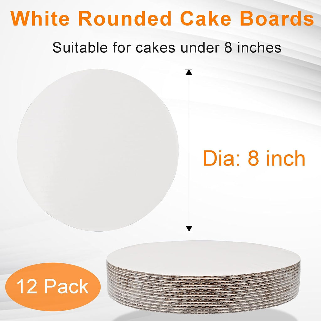 8 Inch White Round Cake Boards - Circle Cardboard Base, Sturdy Corrugated, Disposable Plates 12-Pack
