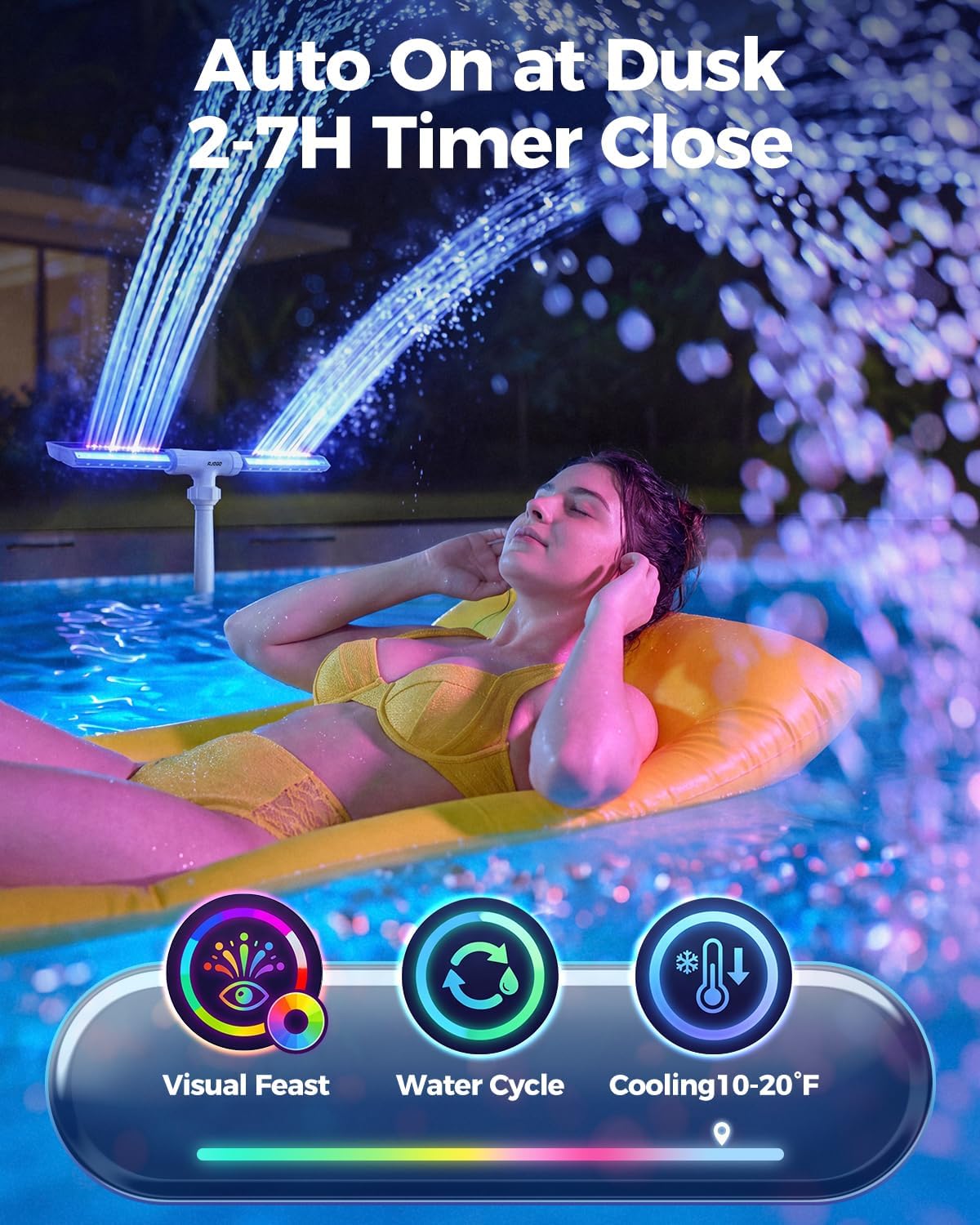 Solar Pool Fountain with Lights, Dual Power LED Waterfall (White) | Dual Power Solar and Type-C, 6000mAh Battery, 10