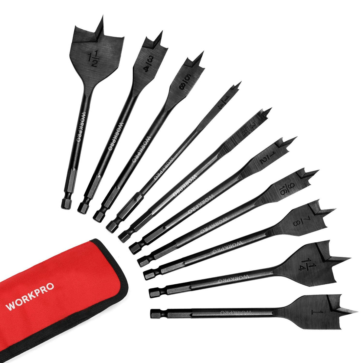 WORKPRO 10-Piece Pro Spade Drill Bit Set, 1/4" to 1-1/2"