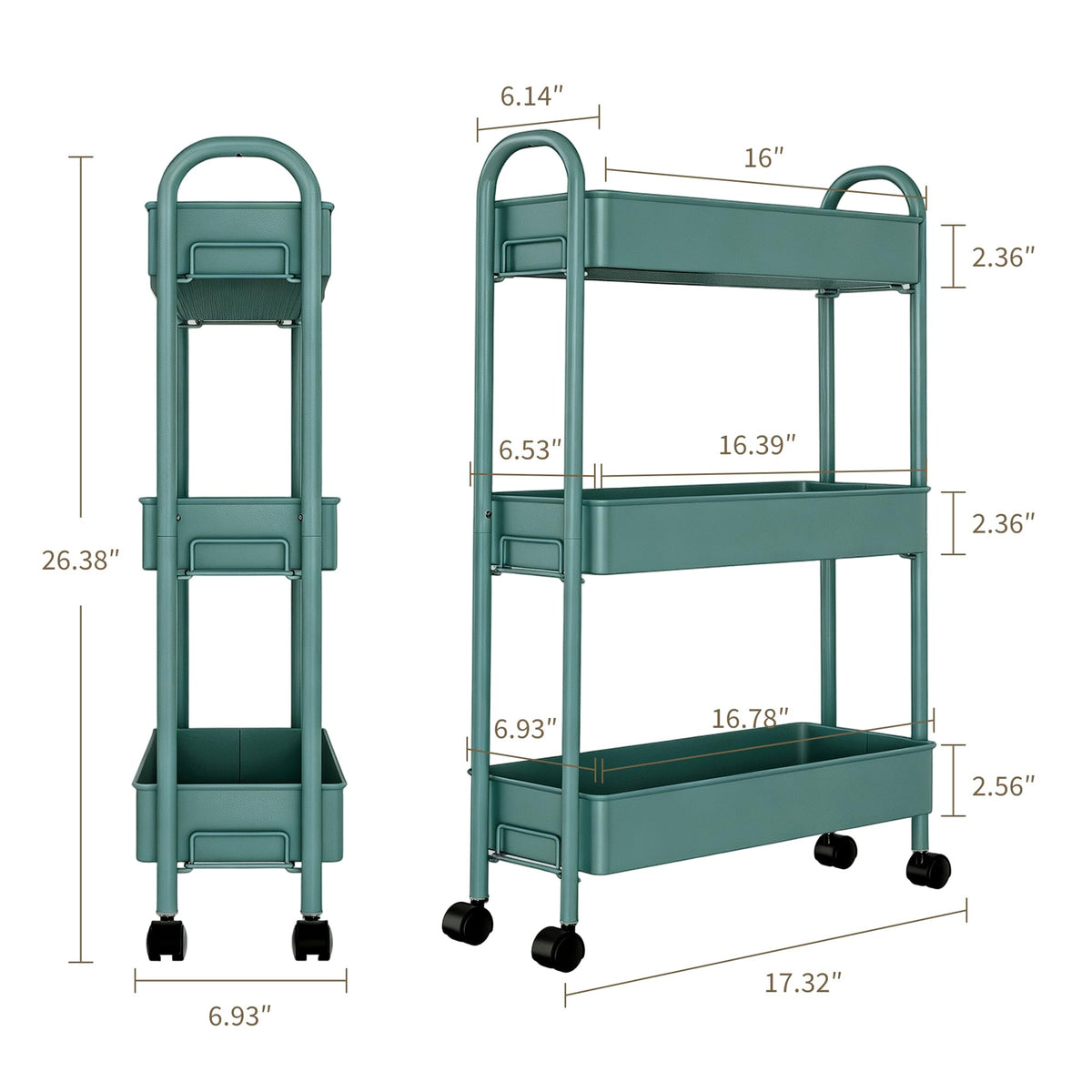 Slim Rolling Cart, Metal Frame Utility Rolling 3-Tier Narrow Storage Cart