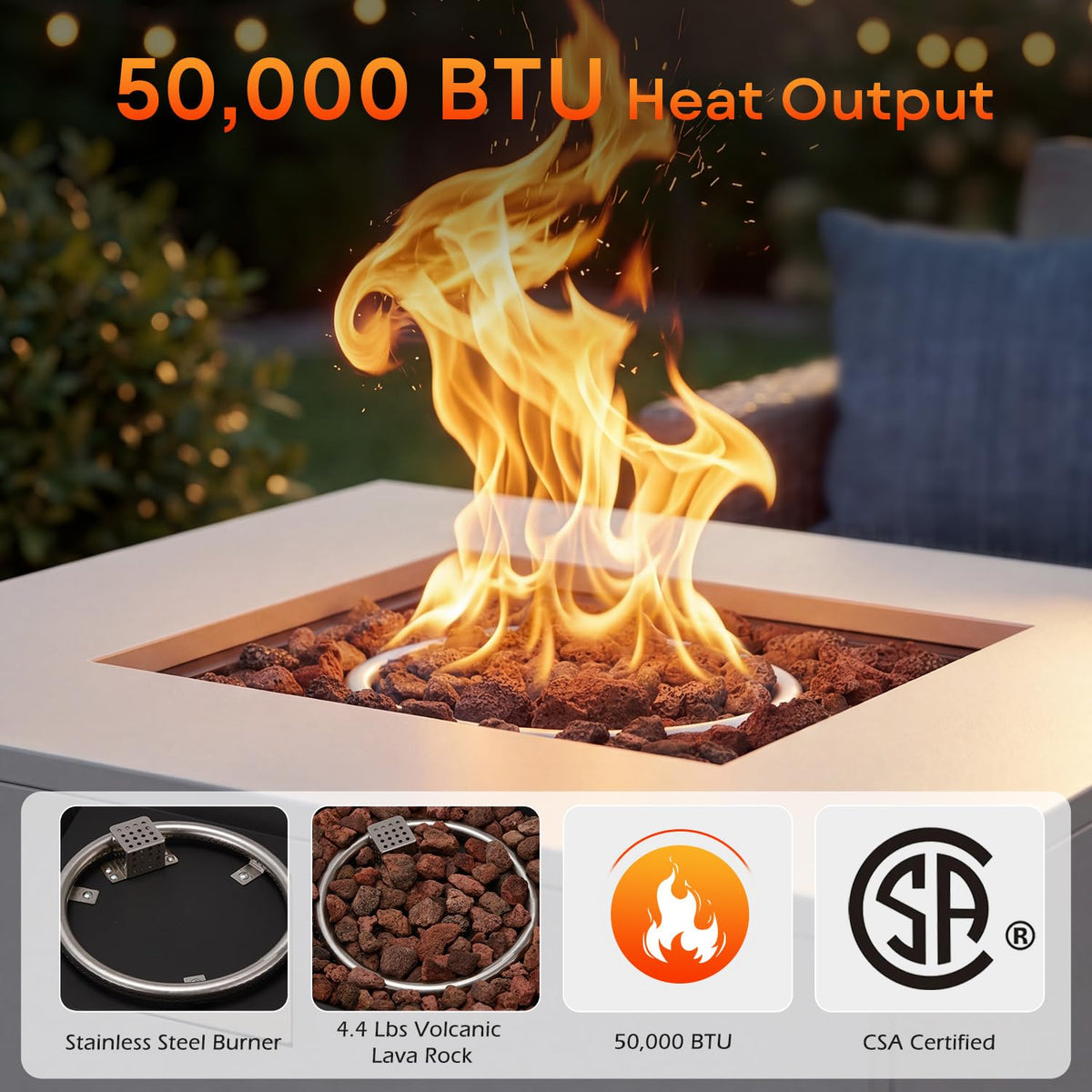 32" Gas Fire Pit Table Outdoor Square Propane Fire Pit Table No Tank Holder