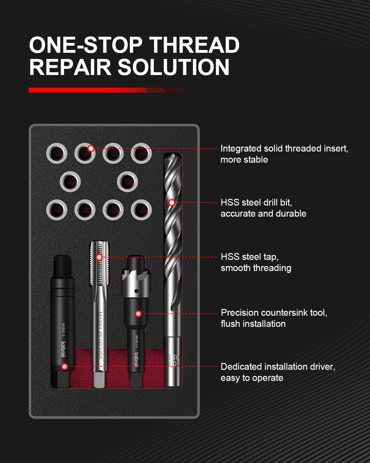Kolvoii M10x1.25 Thread Repair Kit, 10 Solid 304 Stainless Steel Inserts