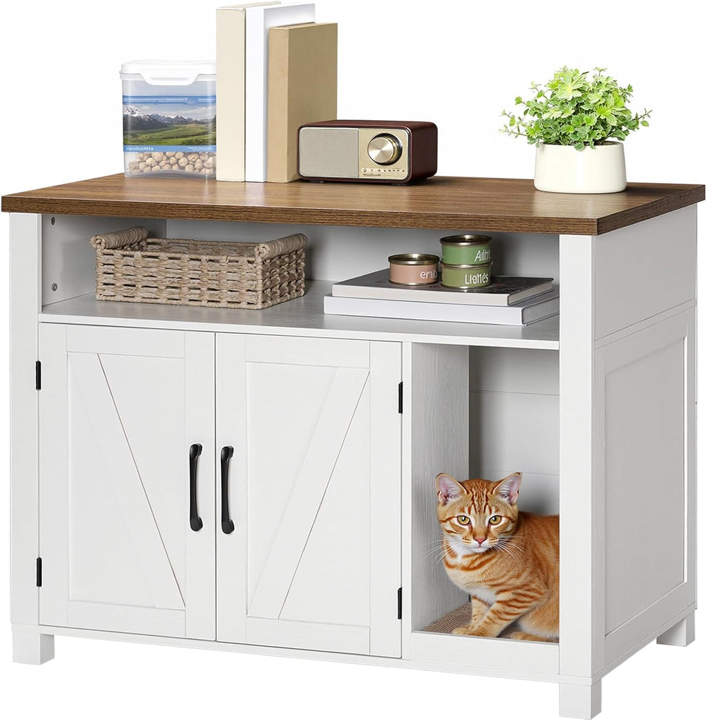 Cat Litter Box Enclosure, Farmhouse Hidden Litter Box with Scratch Pad, Litter Box Furniture with Storage Layer, End