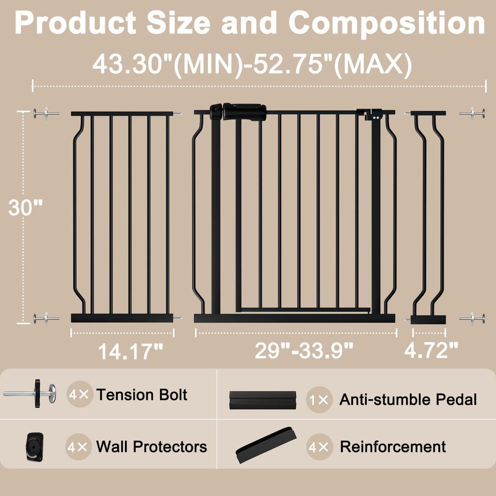 43.3-52.75" x 30" Tall Extra-Tall & Extra-Wide No-Drill Pressure-Mounted Pet & Child Safety Gate with Dual-Lock Walk-Through Swing Door for Stairs, Hallways & Wide Doorways — Black
