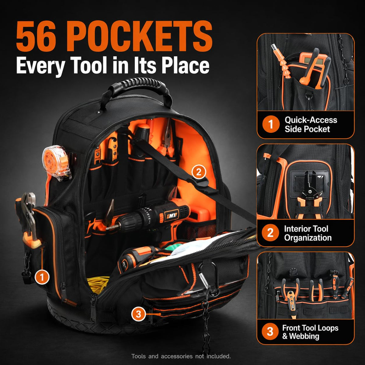 Tool Backpack Heavy Duty, 18.5 in, 56 Pockets, Molded Bottom, Black
