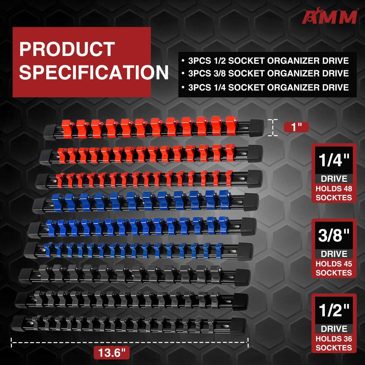 9PCS Socket organizer, 1/4" 3/8" 1/2" Drive Heavy duty socket holder