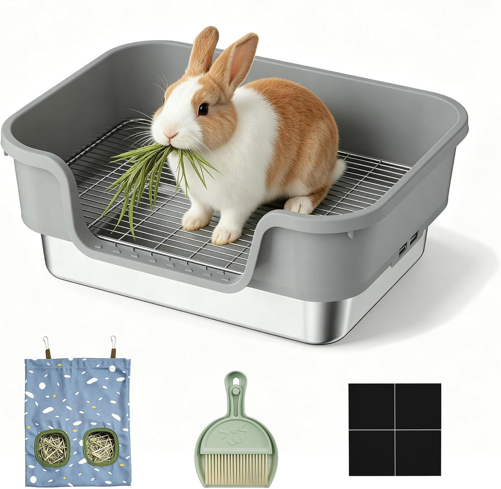 Bunny Litter Box - Stainless Steel Rabbit Litter Box with Hay Feeder