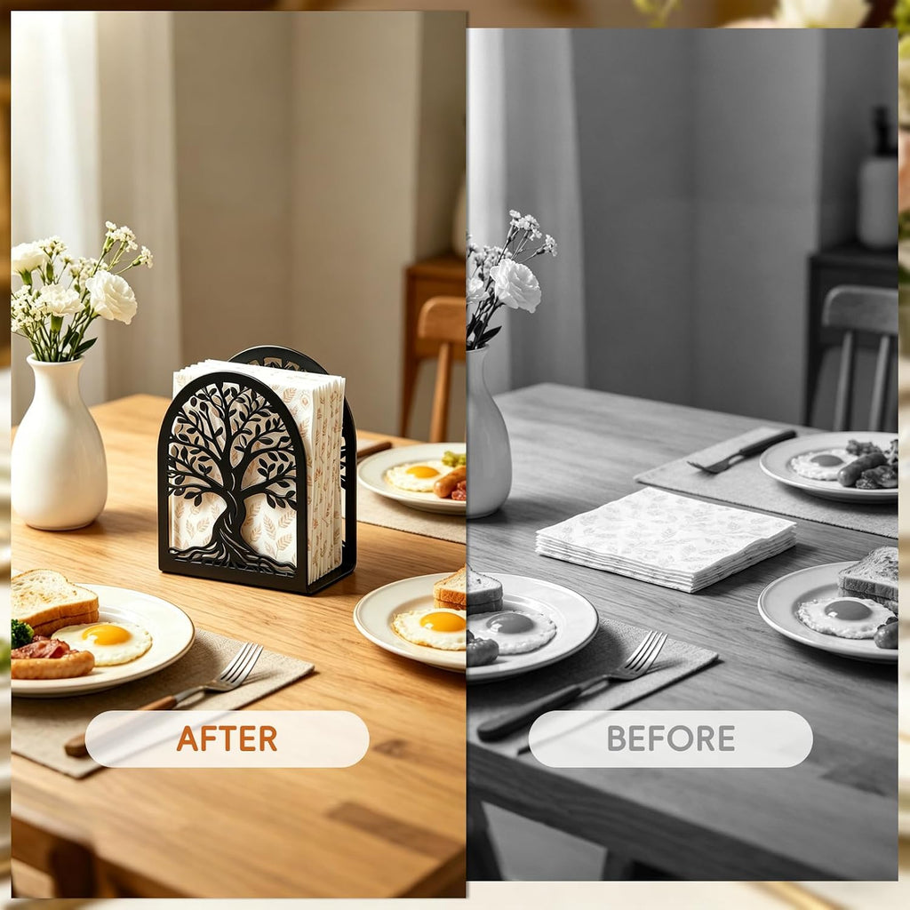 Napkin Holder for Table, Tree of Life Metal Napkin Dispenser, Black