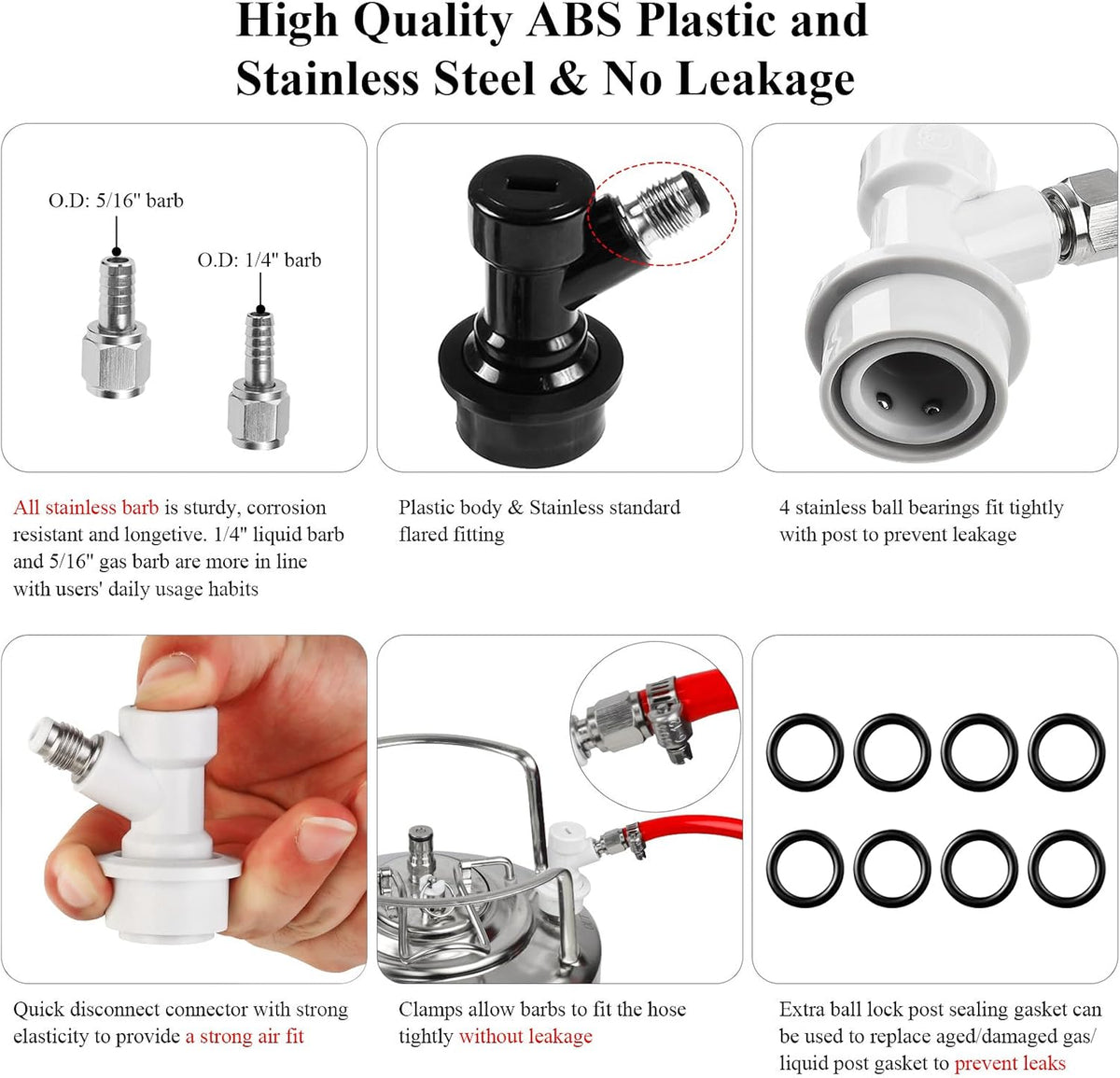 Ball Lock Keg Connectors – 4 Pairs Corny Keg Quick Disconnect Set | No Leakage, 1/4" Beer & 5/16" Gas Barb, 8x Spare