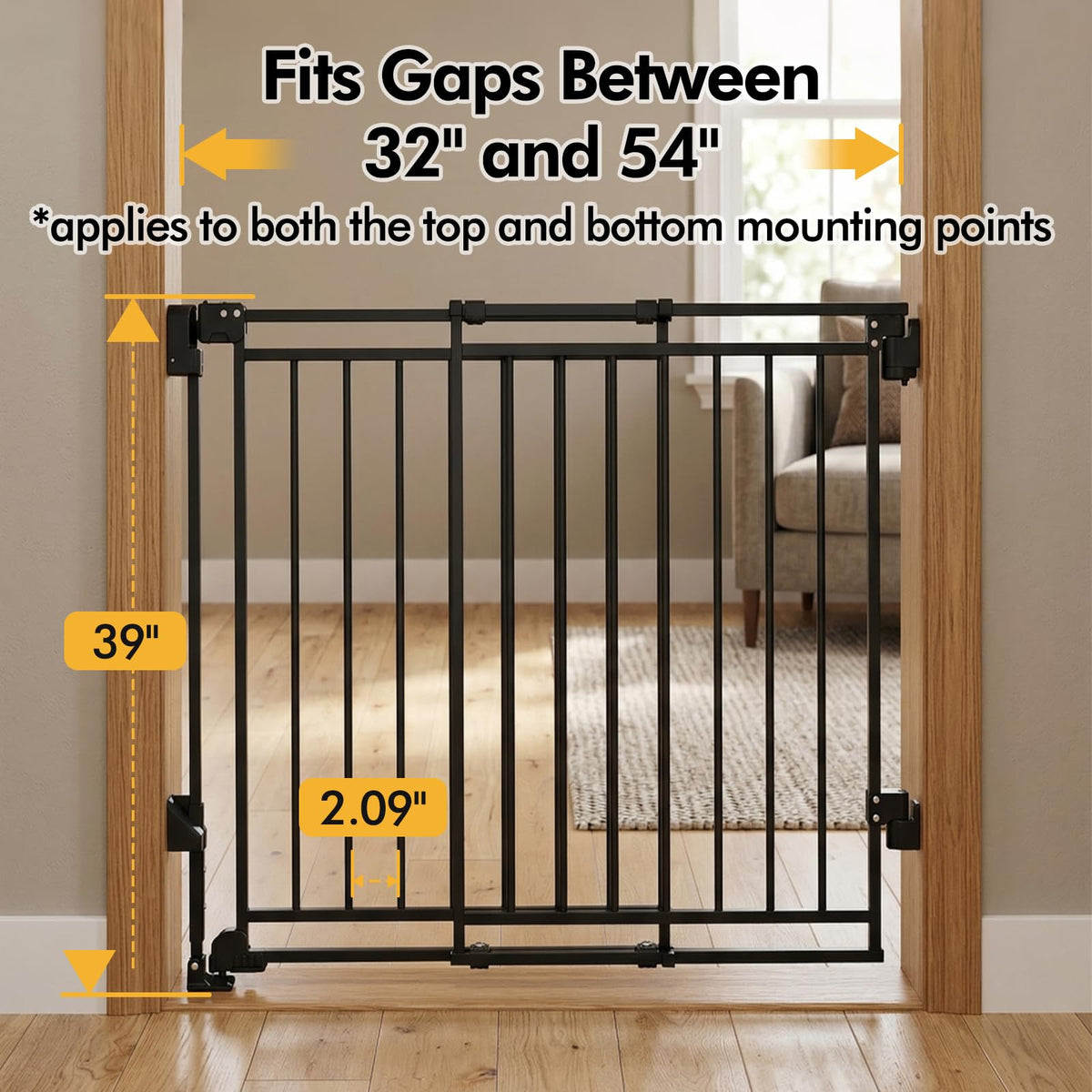 39" H x 32-54" W Extra-Tall & Extra-Wide Adjustable Hardware/Pressure-Mounted Pet & Child Safety Gate with Dual-Lock Walk-Through Swing Door for Stairs, Hallways & Wide Doorways — Black