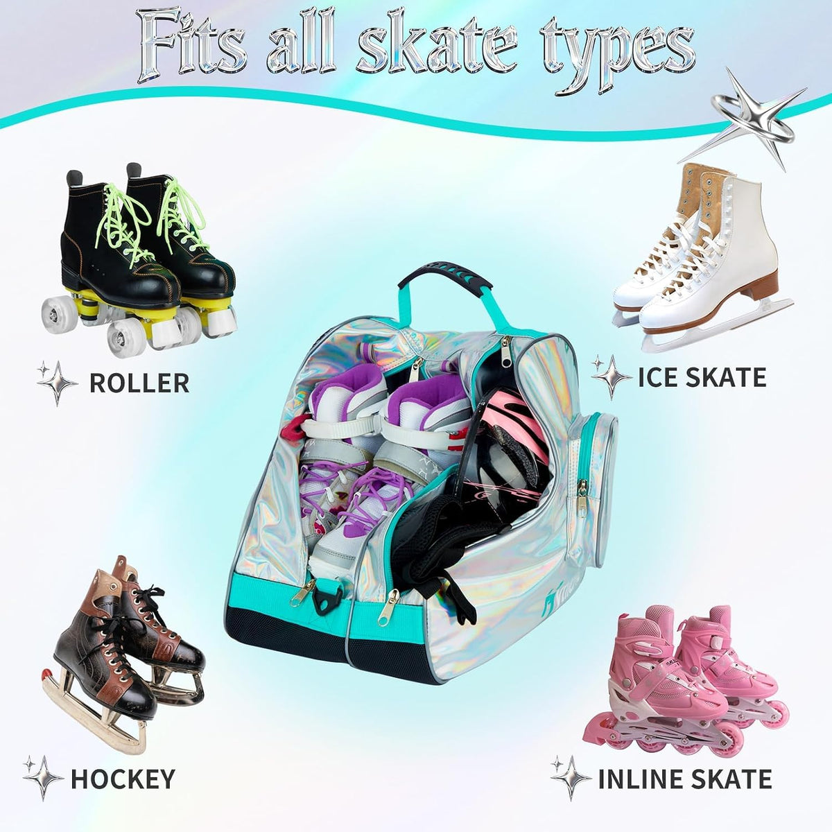 Roller Skate Bag for Inline Skates Ice Skates and Figure Skating Stylish Plain Holographic Fashion Design Spacious