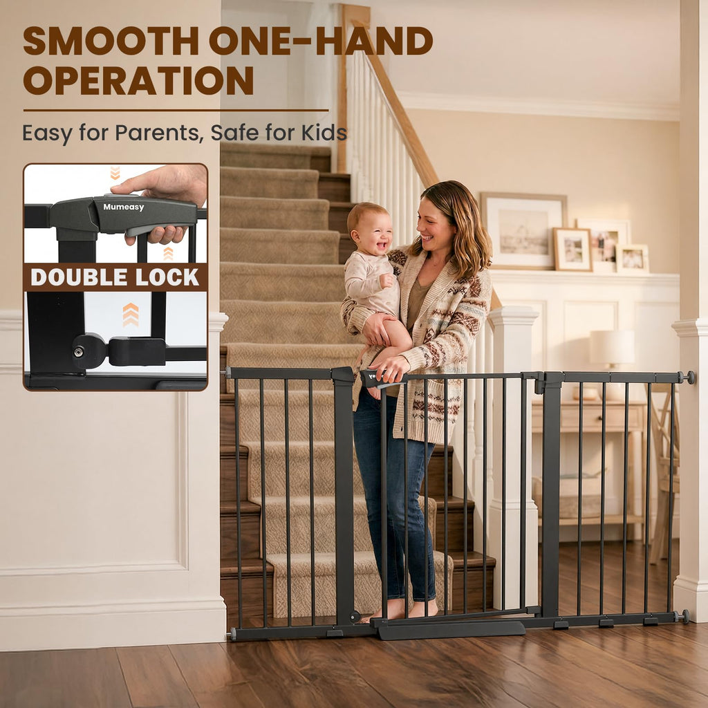 29.7-57" Extra-Wide No-Drill Pressure-Mounted Pet & Child Safety Gate with Auto-Close Walk-Through Door for Stairs, Hallways & Wide Doorways