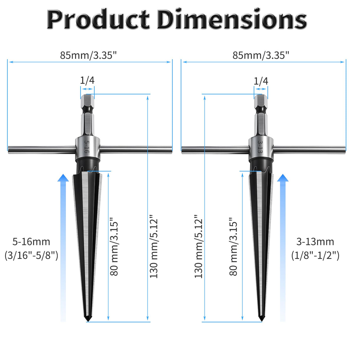 FOCMKEAS T Handle Tapered Reamer Set, 3-13 & 5-16 mm, Hex Shank