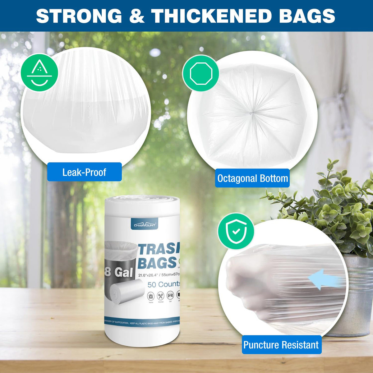 8 Gallon Trash Bags, 50 Count Medium Garbage Bags