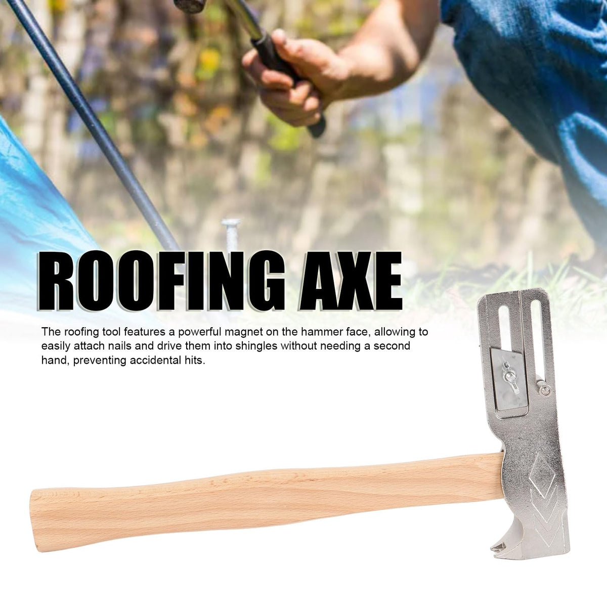 Magnetic Roofing Hammer, Magnet Roofing Hatchet, Multi-Functional Hatchet with Ergonomic Wood Handle for Roof