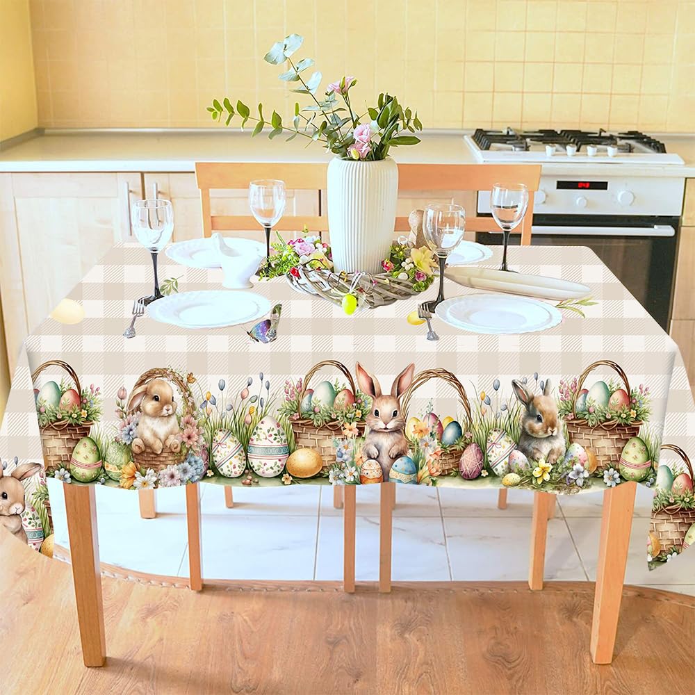 Easter Tablecloth 60x84 Inch Rectangular, Cute Bunny Eggs Flower Butterfly Watercolor Rabbits Table Cloth, Easter