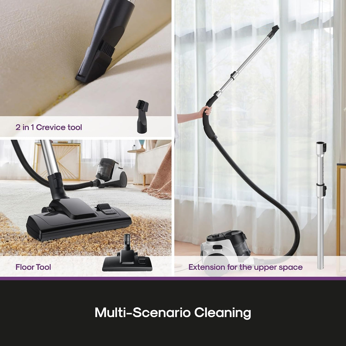 Bagless Canister Vacuum Cleaner, Household Vacuum for Home, White | NEN121WH WhirlWind, Lightweight, 1200W, ≤82 dBA.