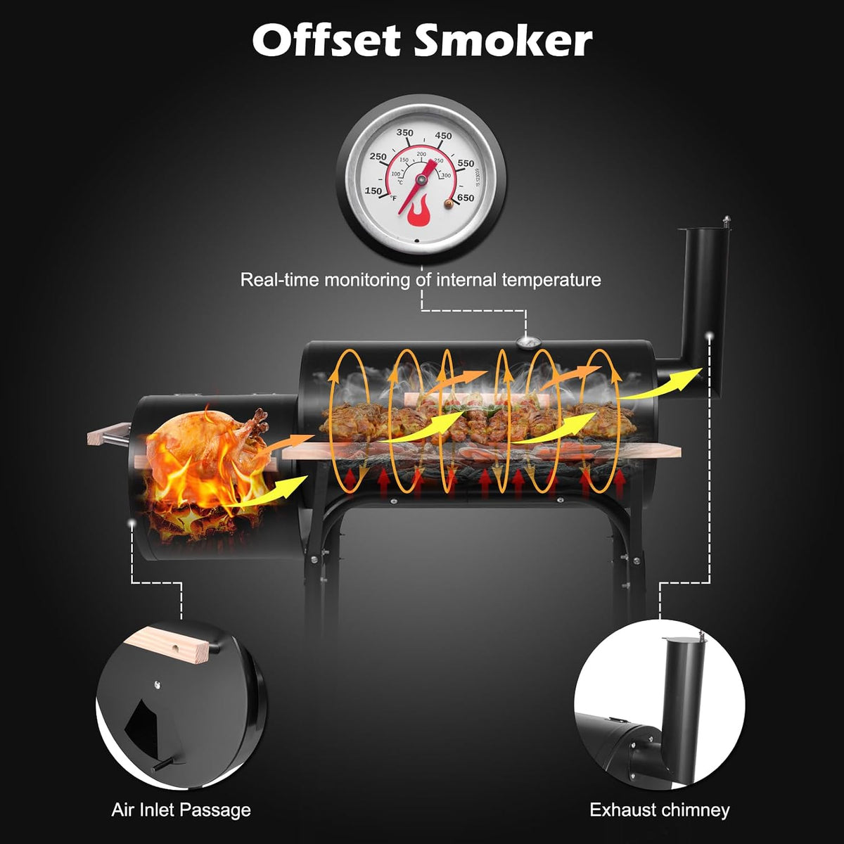 44in Large Barrel Charcoal Grills with Offset Smoker,Outdoor BBQ Grill,Vertical Picnic Barbecue Grills,Portable